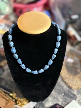 Blue Stone Bead Necklace with Gold Accent Spacers